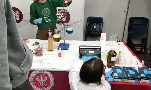 Pracownicy i doktoranci Wydziału Chemii UwB na XX Targach Edukacyjnych w II LO im. księżnej Anny z Sapieh&oacute;w w Białymstoku
