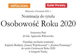 Nominacja dr hab. Agnieszki Z. Wilczewskiej do tytułu Osobowość Roku 2020